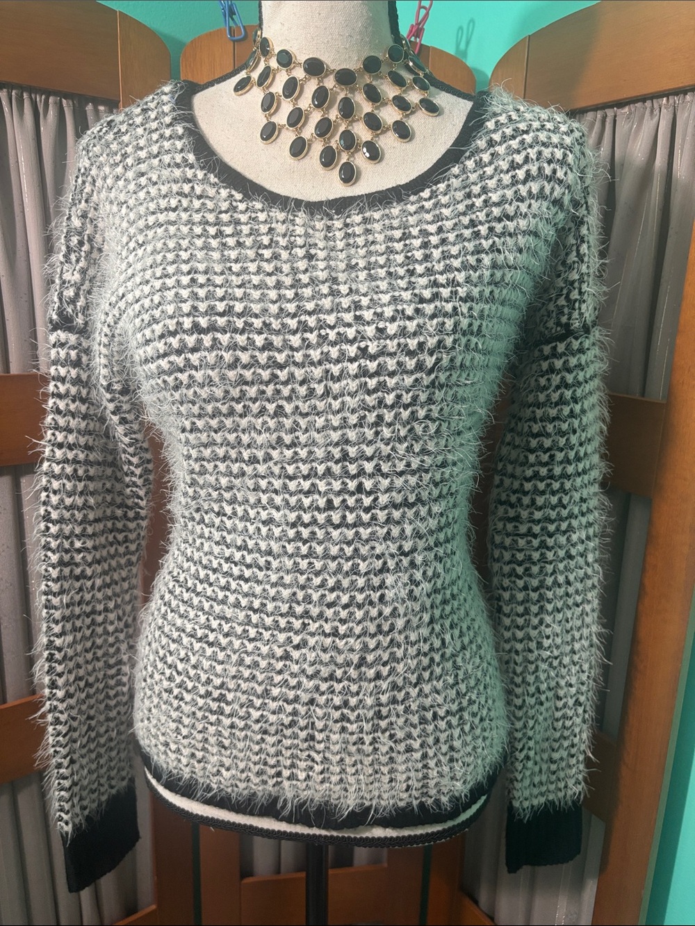 Rewind Black and White Fuzzy Knit Scoop Neck Sweater